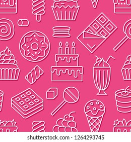 Sweet food seamless pattern with flat line icons. Pastry vector illustrations - lollipop, chocolate bar, milkshake, cookie, birthday cake, candy shop. Cute pink white background for confectionery.