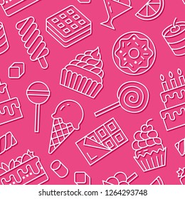 Sweet food seamless pattern with flat line icons. Pastry vector illustrations - lollipop, chocolate bar, milkshake, cookie, birthday cake, candy shop. Cute pink white background for confectionery.