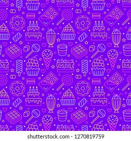 Sweet food seamless pattern with flat line icons. Pastry vector illustrations - lollipop, chocolate bar, milkshake, cookie, birthday cake, candy shop. Cute purple background for confectionery.