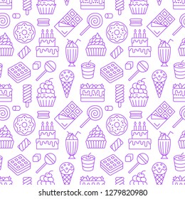 Sweet food seamless pattern with flat line icons. Pastry vector illustrations - lollipop, chocolate bar, milkshake, cookie, birthday cake, candy shop. Cute purple white background for confectionery.