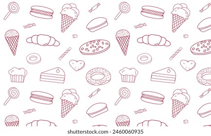 Sweet food seamless pattern with flat line icons. 