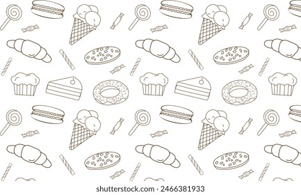 Sweet food seamless pattern with flat line icons. Pastry vector illustrations - lollipop, chocolate bar, milkshake, cookie, birthday cake, candy shop. Cute pink white background for confectionery