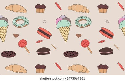 Sweet Food nahtlose Muster mit flachen Linien-Icons. Konditorei Vektorillustrationen - Lutscher, Schokoriegel, Milchshake, Keks, Geburtstagskuchen, Süßigkeiten Shop. Netter rosa weißer Hintergrund für Süßwaren	