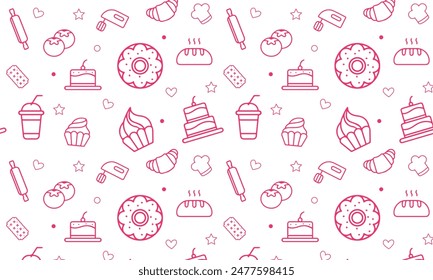 Sweet food seamless pattern with flat line icons. Pastry vector illustrations - lollipop, chocolate bar, milkshake, cookie, birthday cake, candy shop. Cute pink white background for confectionery	