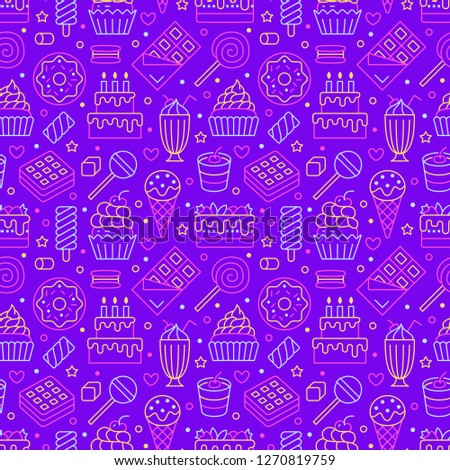 Sweet food seamless pattern with flat line icons. Pastry vector illustrations - lollipop, chocolate bar, milkshake, cookie, birthday cake, candy shop. Cute purple background for confectionery.