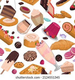 Sweet food seamless pattern. Ornament of varied delicious desserts. Vector illustration in flat style. Cartoon design for wallpaper, decor, wrap, background.