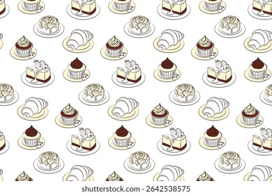 Sweet food seamless pattern. Vector illustrations of desserts - croissant, cinnamon roll, cheesecake with strawberries and blueberries, cupcake with cream. Cute Pastry Background