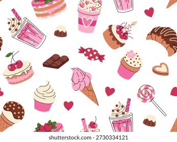 Patrón sin fisuras de comida dulce. Fondo de Vector de postres, cupcakes, helado, chocolate, dulces y corazones. Lindo patrón dulce.