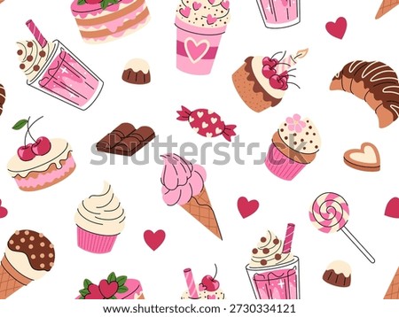 Sweet food seamless pattern. Vector background of desserts, cupcakes, ice cream, chocolate, candies, and hearts. Cute sweet pattern.