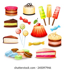 Sweet food set with layered cake ice cream candy isolated vector illustration