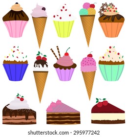 Sweet food set with layered cake ice cream  isolated vector illustration.