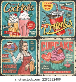 Sweet food set posters colorful with cocktails and soda drink in takeout glass and waitress from home bakery vector illustration