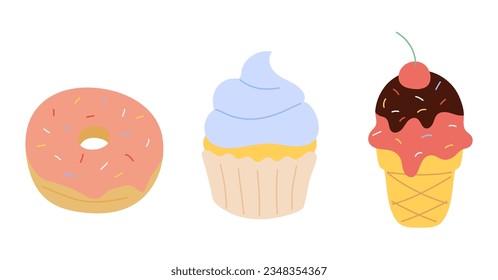 Sweet food. Set of vector icons. Ice cream, cupcake and donut. Baked dessert, sugar snack, small cakes. Bakery. Flat vector illustration isolated on white background