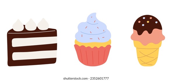 Sweet food. Set of vector icons. Ice cream, cupcake and cake. Baked dessert, sugar snack, small cakes. Bakery. Flat vector illustration isolated on white background