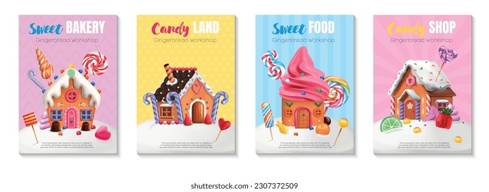 Tienda de comida dulce caramelos casa de caramelos decorados por casas de pasteles con techo de cristal ilustración vectorial realista