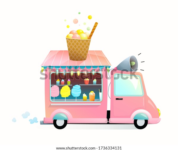 Sweet food shop on wheels, cute funny truck moving\
on the road, selling candy cotton, ice cream, sweets and desserts.\
A car vending street food for children. Vector watercolor style\
cartoon for kids.