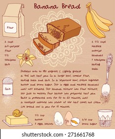 Sweet Food. Sliced Banana Bread. Recipe Card. 