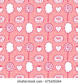 Sweet Food Vector Background. Hand Drawn Doodle Donut, Strawberry, Cotton Candy, Lollipop and Hearts Seamless pattern