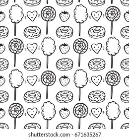 Sweet Food Vector Background. Hand Drawn Doodle Donut, Strawberry, Cotton Candy, Lollipop and Hearts Seamless pattern