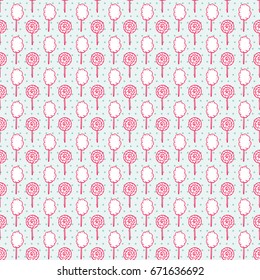 Sweet Food Vector Background. Hand Drawn Doodle Cotton Candy and Lollipop Seamless pattern