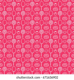 Sweet Food Vector Background. Hand Drawn Doodle Donut, Strawberry, Cotton Candy, Lollipop and Hearts Seamless pattern