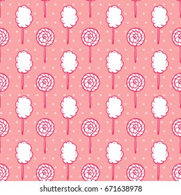 Sweet Food Vector Background. Hand Drawn Doodle Cotton Candy and Lollipop Seamless pattern