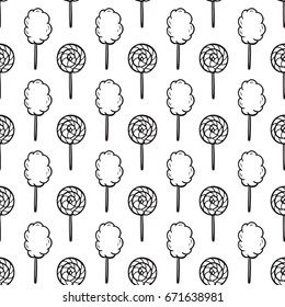 Sweet Food Vector Background. Hand Drawn Doodle Cotton Candy and Lollipop Seamless pattern
