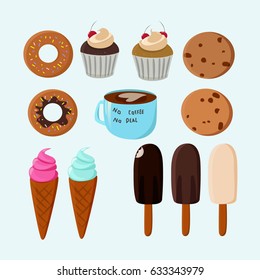 Sweet food vector collection. Donuts, ice-cream, cupcakes, cookies and a cup of coffee isolated.