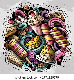 Sweet food vector doodles illustration. Desserts elements and objects cartoon background. Bright colors funny picture. All items are separated