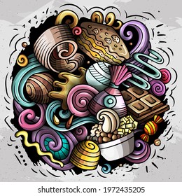 Sweet food vector doodles illustration. Desserts elements and objects cartoon background. Bright colors funny picture. All items are separated