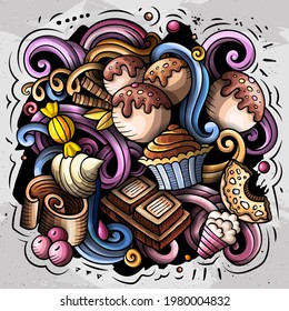 Sweet food vector doodles illustration. Desserts elements and objects cartoon background. Bright colors funny picture. All items are separated