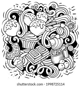 Sweet food vector doodles illustration. Desserts elements and objects cartoon background. Sketchy funny picture. All items are separated