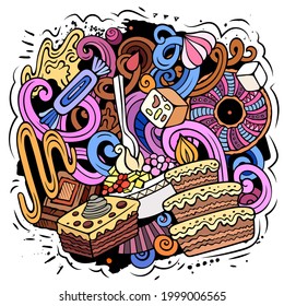 Sweet food vector doodles illustration. Desserts elements and objects cartoon background. Bright colors funny picture. All items are separated