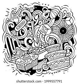 Sweet food vector doodles illustration. Desserts elements and objects cartoon background. Sketchy funny picture. All items are separated