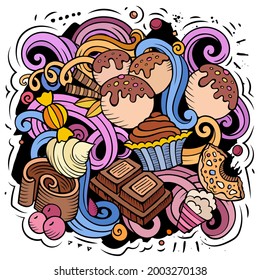 Sweet food vector doodles illustration. Desserts elements and objects cartoon background. Bright colors funny picture. All items are separated