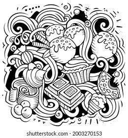 Sweet food vector doodles illustration. Desserts elements and objects cartoon background. Sketchy funny picture. All items are separated