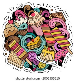 Sweet food vector doodles illustration. Desserts elements and objects cartoon background. Bright colors funny picture. All items are separated