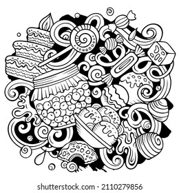Sweet food vector doodles illustration. Desserts elements and objects cartoon background. Sketchy funny picture. All items are separated