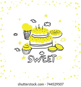 Sweet food, vector greeting card