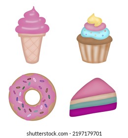 Juego de iconos de vector de comida dulce. Helado, donut, quequitos, torta.