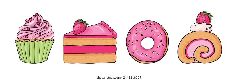 Sweet food vector icon set. Strawberry cake, donut, cupcake and roll. Food illustration