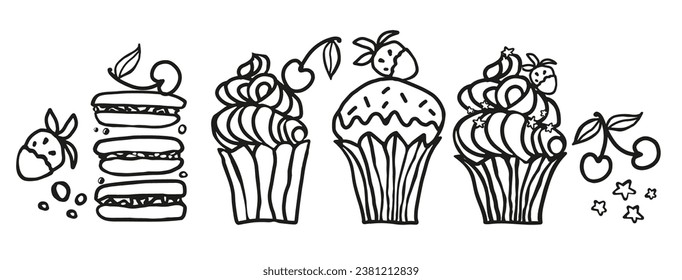 Sweet food vector sketchy illustrations collection of desserts. Macaroon, muffin, pudding, cake with cherry and strawberry fruit. Hand drawn black and white illustration isolated on white background