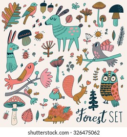 Sweet forest set with lovely wild animals : rabbit, deer, hedgehog, squirrel, owl and birds. Stylish natural background with birds and animals in trees, mushrooms, leafs and insects in bright colors