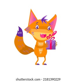Sweet fox with a gift box. Character design, cute animal, Vector illustration. Can be used as branding character .