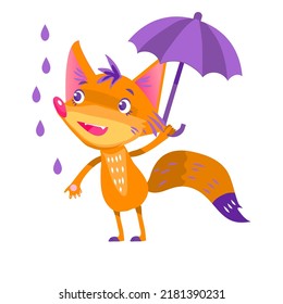 Sweet fox under umbrella. Character design, cute animal, Vector illustration. Can be used as branding character .