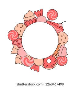 Sweet frame of lollipop and candy, chocolate and ice cream. Vector illustration in flat and line style