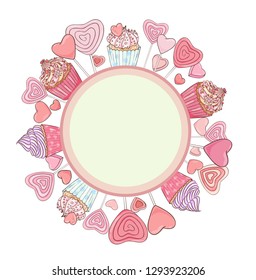 Sweet frame. Lollipops, cakes, muffin, cupcake pin vector illustration.