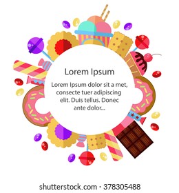 Sweet frame for text. Decoration element with different sweets. 