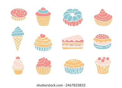 Sweet French Bakery Baked Goods Set. Pastry Dessert Clip Art Logo Doodle Sketch Icons Collection, Hand drawn cakes, cupcakes and muffins. Vector Illustration. Confectionery baking design.