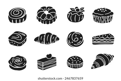 Sweet French Bakery Menu. Dessert Glyph Icons, Baked Goods Set. Pastry Clip Art Logo Doodle Sketch Collection, Hand drawn cakes, cupcakes, croissants, pie, pieces and muffins. Vector Illustration.